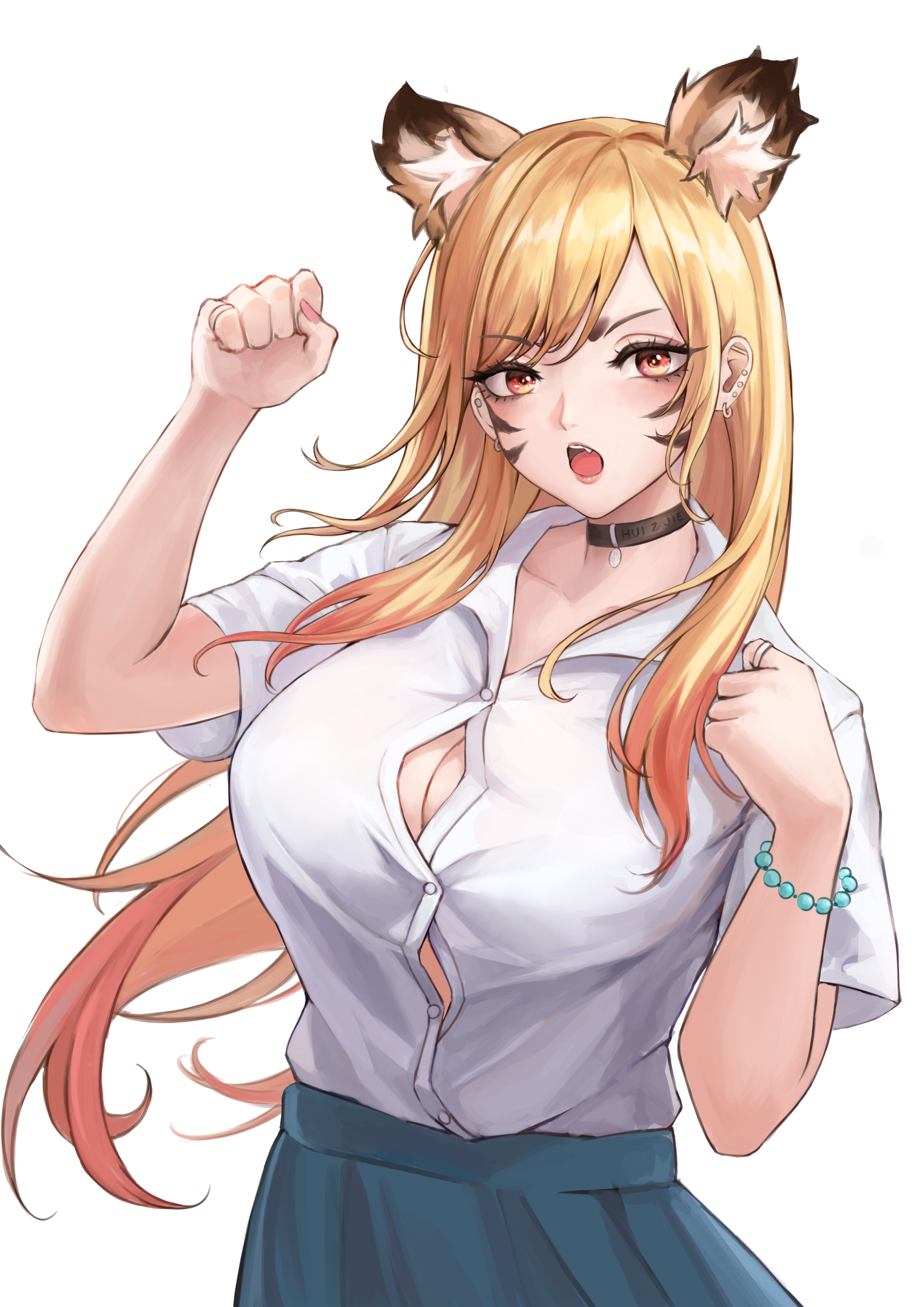 hui z jie, kitagawa marin, sono bisque doll wa koi wo suru, absurdres, commentary, highres, 1girl, animal ears, blue skirt, breasts, button gap, choker, cleavage, clenched hand, collared shirt, ear piercing, facial mark, gyaru, kemonomimi mode, kogal, large breasts, lips, long hair, looking at viewer, open mouth, piercing, pleated skirt, red eyes, school uniform, shirt, simple background, skirt, solo, whisker markings, white background, white shirt
