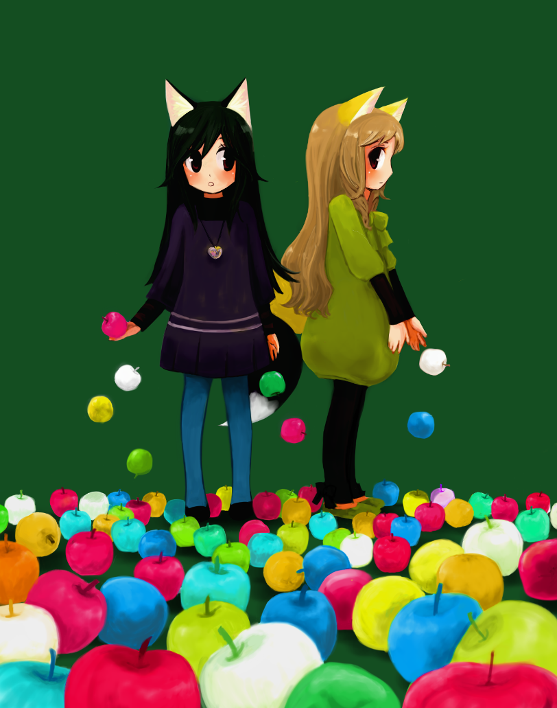 yusorate, original, animal ears, apple, blonde hair, colorful, food, fruit, green hair, long hair, red eyes, tail