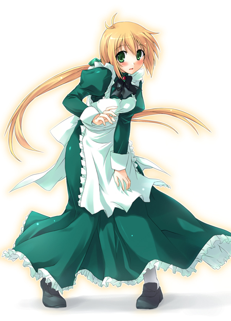 kusakami akira, yuuno scrya, lyrical nanoha, mahou shoujo lyrical nanoha, mahou shoujo lyrical nanoha strikers, gender request, 00s, 1girl, blush, breasts, female focus, genderswap, gradient background, green eyes, long hair, maid, solo, very long hair