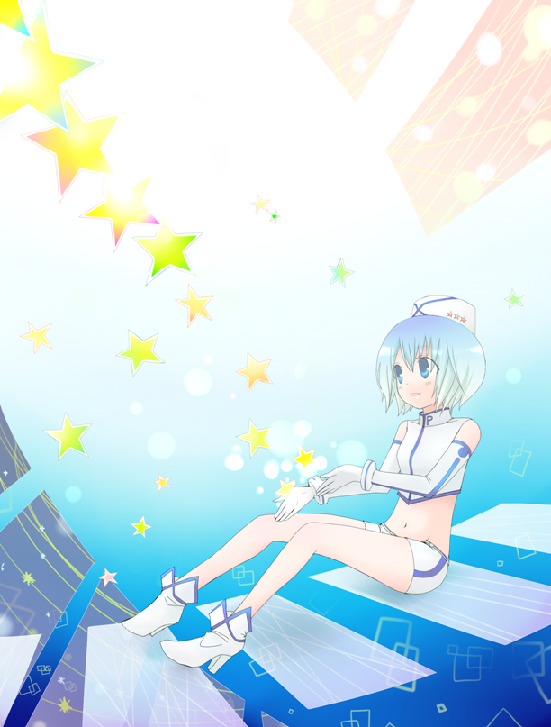 yusorate, pixiv-tan, pixiv, bad id, bad pixiv id, blue eyes, blue hair, elbow gloves, gloves, midriff, short hair, sitting, solo, star (symbol)