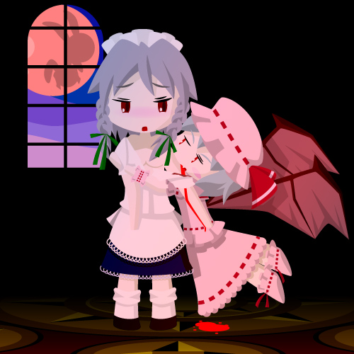 kokemomo, moco (axion channel), izayoi sakuya, remilia scarlet, touhou, bad id, bad pixiv id, lowres, 2girls, biting, blood, blush, chibi, female focus, hat, hug, maid, multiple girls, vampire, window, wings