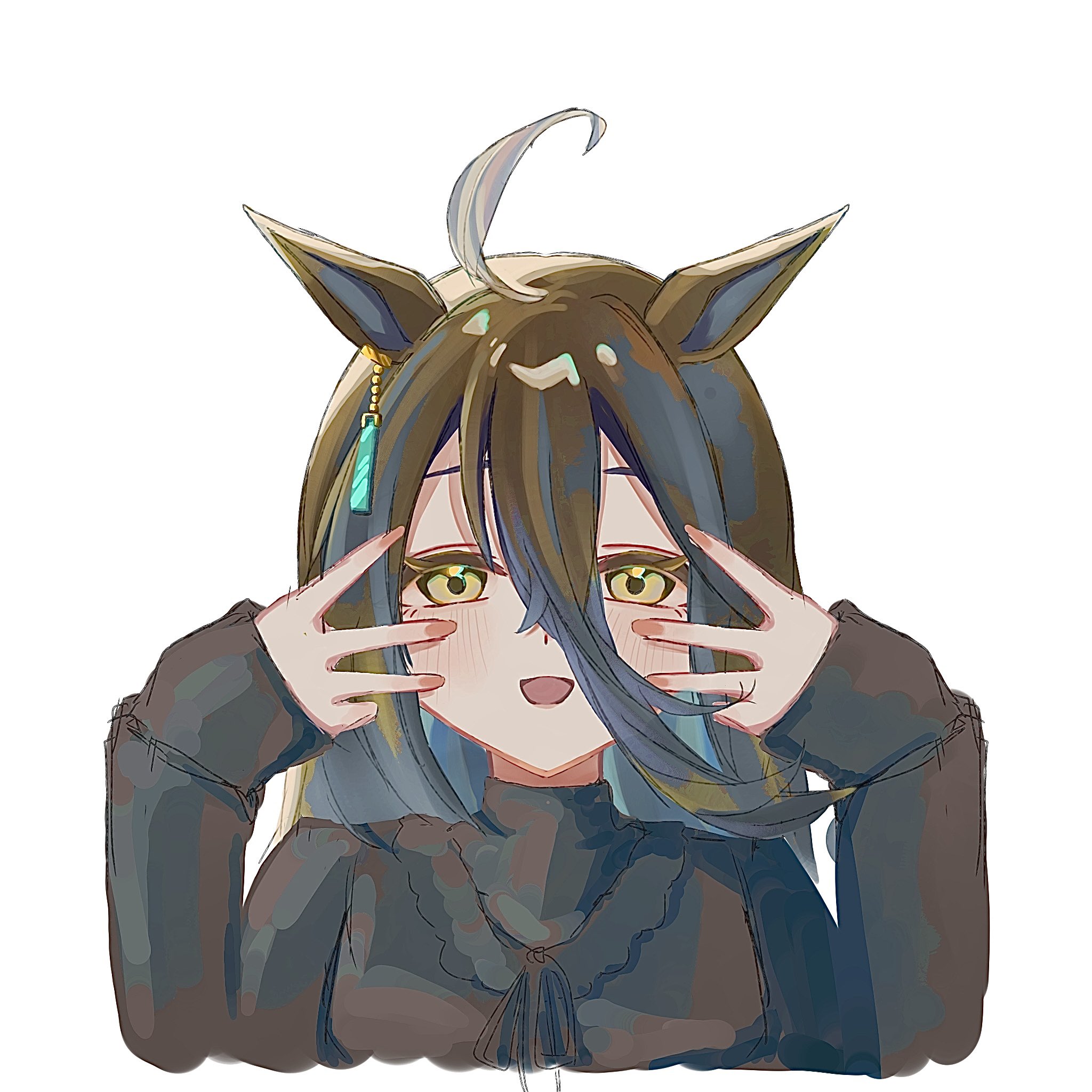 manhattan cafe (umamusume), umamusume, highres, 1girl, ahoge, animal ears, black hair, black ribbon, black sweater, blush, crossed bangs, ear ornament, ear tag, earrings, firing, firing at viewer, grey hair, hair between eyes, horse ears, horse girl, jewelry, long bangs, long hair, long hair between eyes, long sleeves, multicolored hair, ooneyou, open mouth, ribbon, simple background, single earring, sleeves past wrists, solo, sweater, turtleneck, turtleneck sweater, white background, yellow eyes