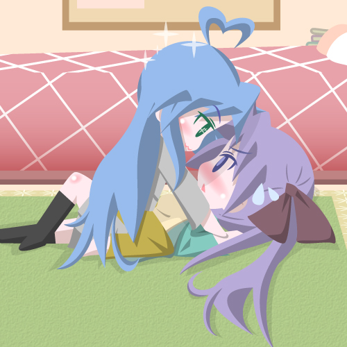 kokemomo, moco (axion channel), hiiragi kagami, izumi konata, lucky star, bad id, bad pixiv id, lowres, 00s, 2girls, ahoge, blue hair, blush, chibi, multiple girls, purple hair, yuri