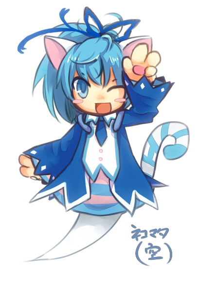 akamomosiro, nekomata sora, emil chronicle online, 1girl, ahoge, animal ears, animal hands, blue bow, blue dress, blue eyes, blue necktie, blue tail, blush stickers, bow, cat ears, cat girl, cat tail, character name, dress, ghost girl, ghost tail, gloves, hair bow, necktie, one eye closed, open mouth, paw gloves, ponytail, smile, solo, tail, white background