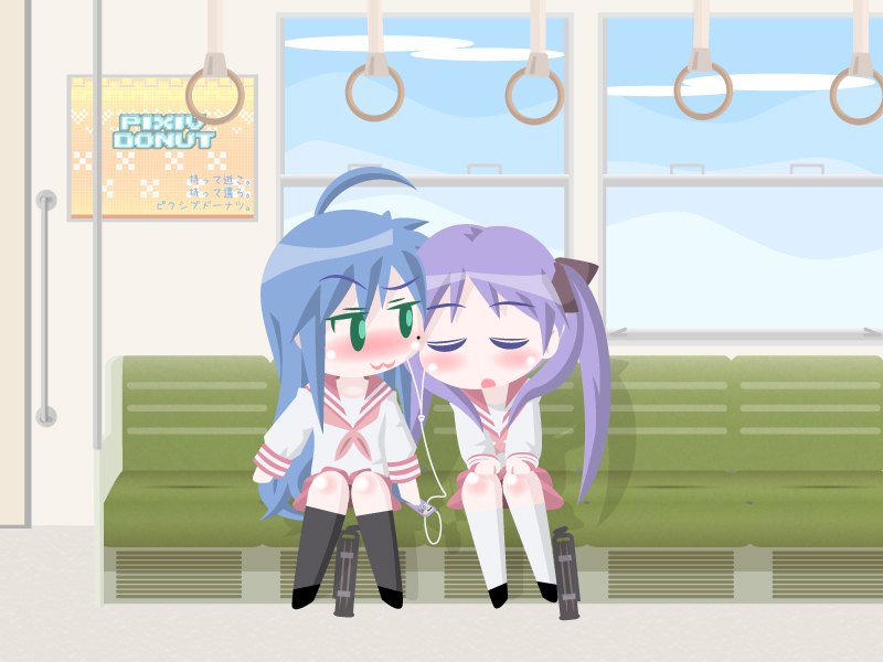 kokemomo, moco (axion channel), hiiragi kagami, izumi konata, lucky star, bad id, bad pixiv id, 00s, 2girls, ahoge, blue hair, blush, chibi, earphones, headphones, mole, mole under eye, multiple girls, purple hair, school uniform, serafuku, shared earphones, sleeping, yuri