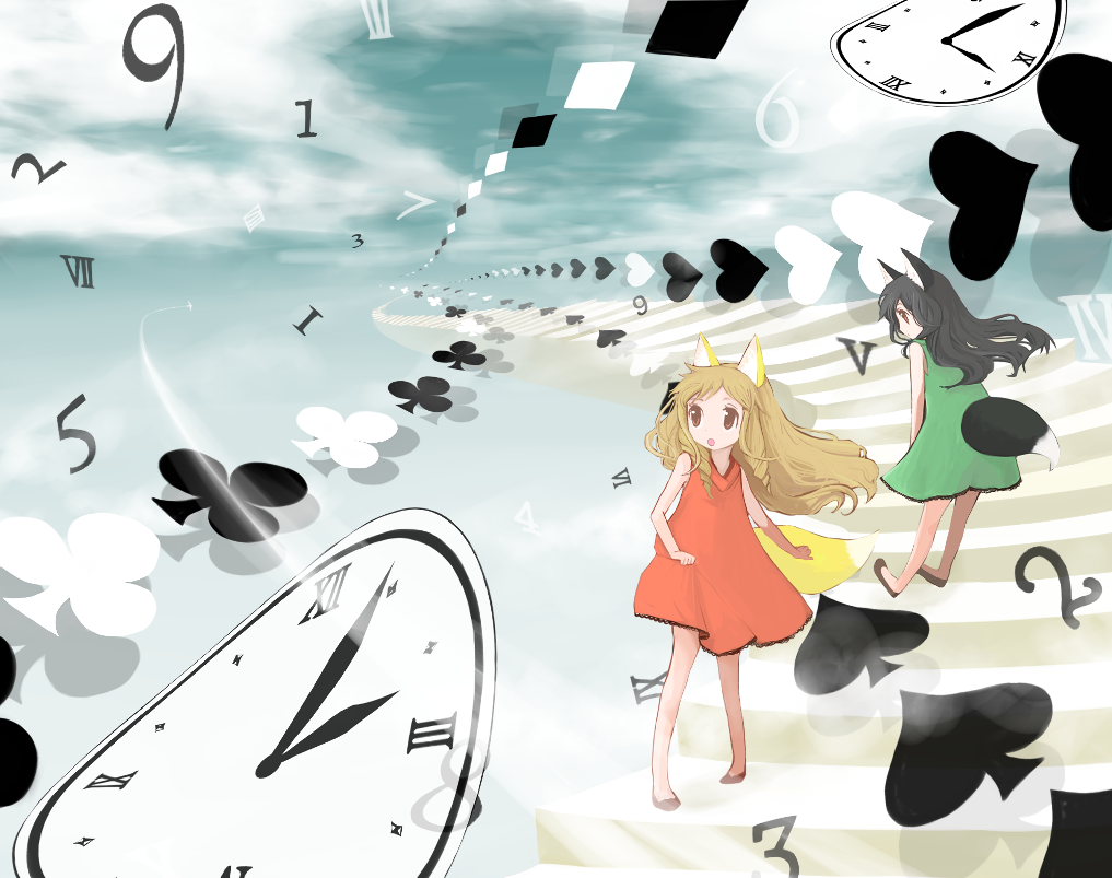 yusorate, original, bad id, bad pixiv id, animal ears, black hair, blonde hair, clock, dress, long hair, tail, watch