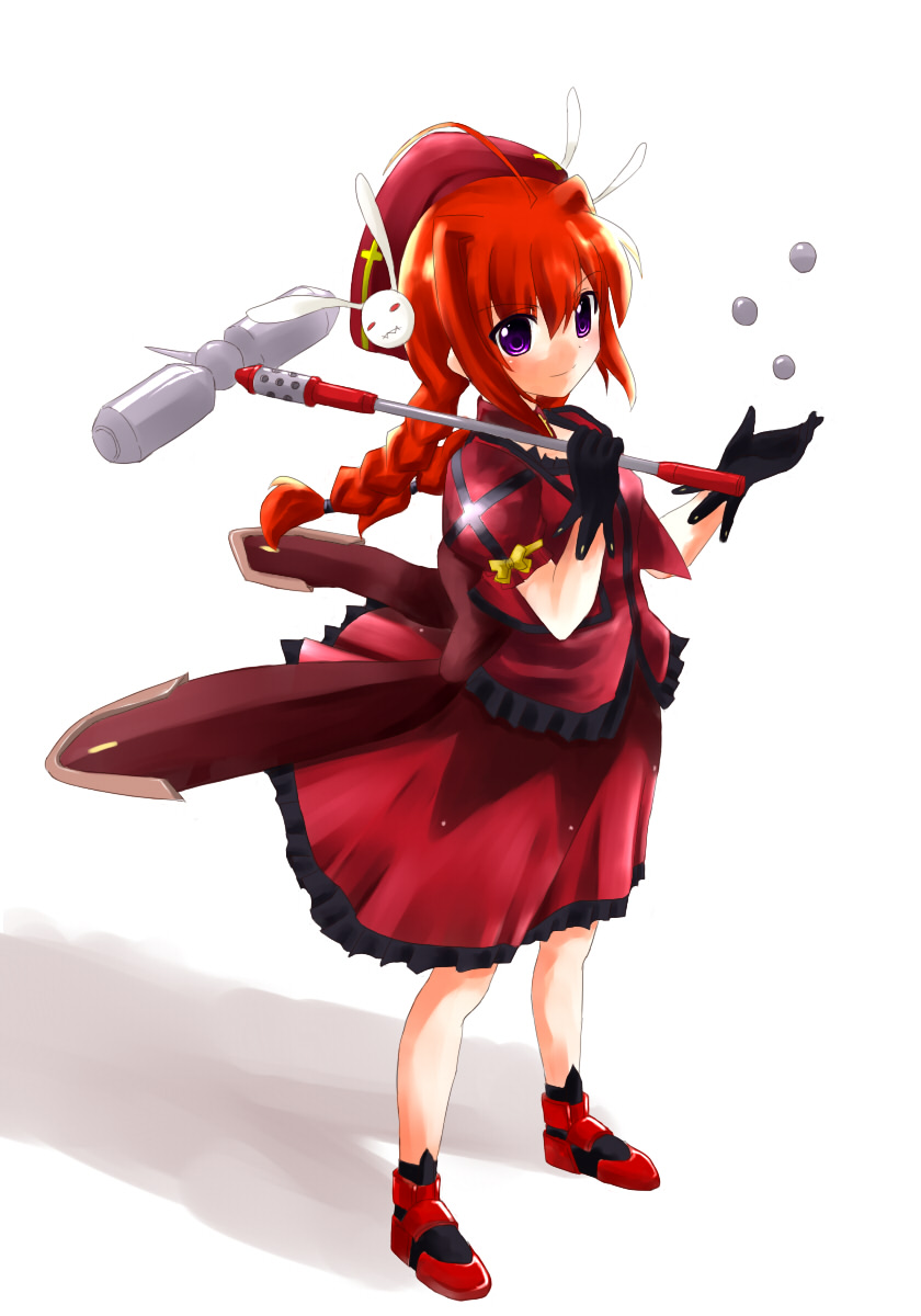 yu-ki, yuuki (ashitahare), graf eisen, vita (nanoha), lyrical nanoha, mahou shoujo lyrical nanoha, mahou shoujo lyrical nanoha a's, bad id, bad pixiv id, highres, 00s, braid, child, gloves, hammer, hat, purple eyes, red hair, solo, twin braids