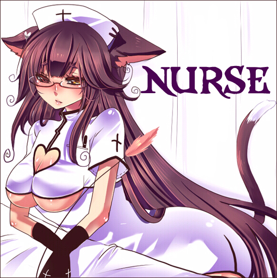 shamu neko, bad id, bad pixiv id, 1girl, animal ears, blush, breasts, brown hair, cat ears, cat tail, cat teaser, cleavage cutout, clothing cutout, female focus, glasses, hat, heart, heart cutout, long hair, nurse, nurse cap, solo, tail, underboob, very long hair, yellow eyes