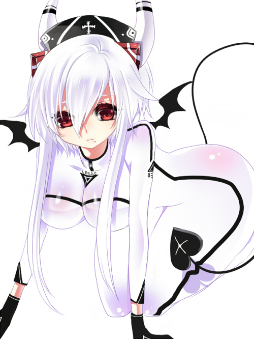shamu neko, bad id, bad pixiv id, albino, bat wings, bodysuit, breasts, horns, large breasts, long hair, mole, red eyes, skin tight, solo, tail, white hair, wings