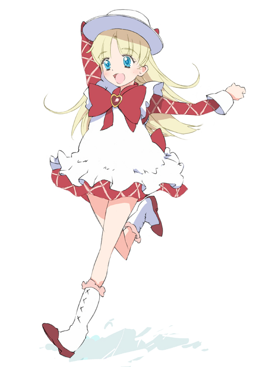 kitano yuusuke, nadja applefield, ashita no nadja, 00s, 1girl, blonde hair, blue eyes, boots, brooch, female focus, hat, heart, heart brooch, jewelry, knee boots, porkpie hat, ribbon, running, solo