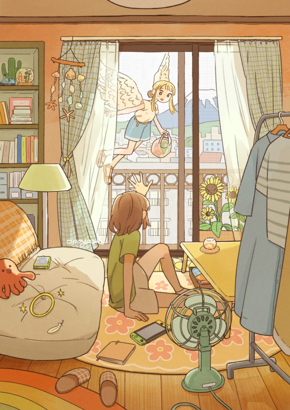 onoyama (machikz1), original, commentary request, highres, 2girls, angel, artist name, bag, belt, blonde hair, blue shorts, book, bookshelf, brown hair, brown shorts, cactus, city, coaster, cup, curtains, day, drinking glass, electric fan, feathered wings, floor lamp, flower, flying, green shirt, hair bun, hand on ground, handheld game console, holding, holding bag, indoors, lamp, long hair, looking at another, medium hair, multiple girls, no-show socks, on floor, open door, open mouth, porch, railing, rug, sandals, shirt, shorts, sidelocks, single hair bun, sitting, slice of life, sliding doors, slippers, snow globe, sparkle, stuffed animal, stuffed octopus, stuffed toy, sunflower, sunlight, table, unworn clothes, unworn halo, unworn slippers, white shirt, white wings, wind chime, wings, wooden floor