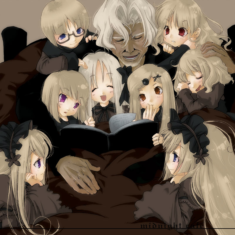 soutatsu, abyss (sound horizon), baroque (sound horizon), el (sound horizon), hortense (sound horizon), rukia (sound horison), sacrifice, stardust, violette (sound horizon), yield, chronicle 2nd, elysion, roman (sound horizon), sound horizon, hand on head, 6+girls, beard, blonde hair, blue eyes, book, brown eyes, child, closed eyes, color connection, everyone, facial hair, fang, glasses, grey hair, hair ornament, hairband, hairclip, hug, laughing, lolita fashion, lolita hairband, long hair, multiple girls, open book, purple eyes, reading, red eyes, short hair, siblings, sisters, sleeping, twins