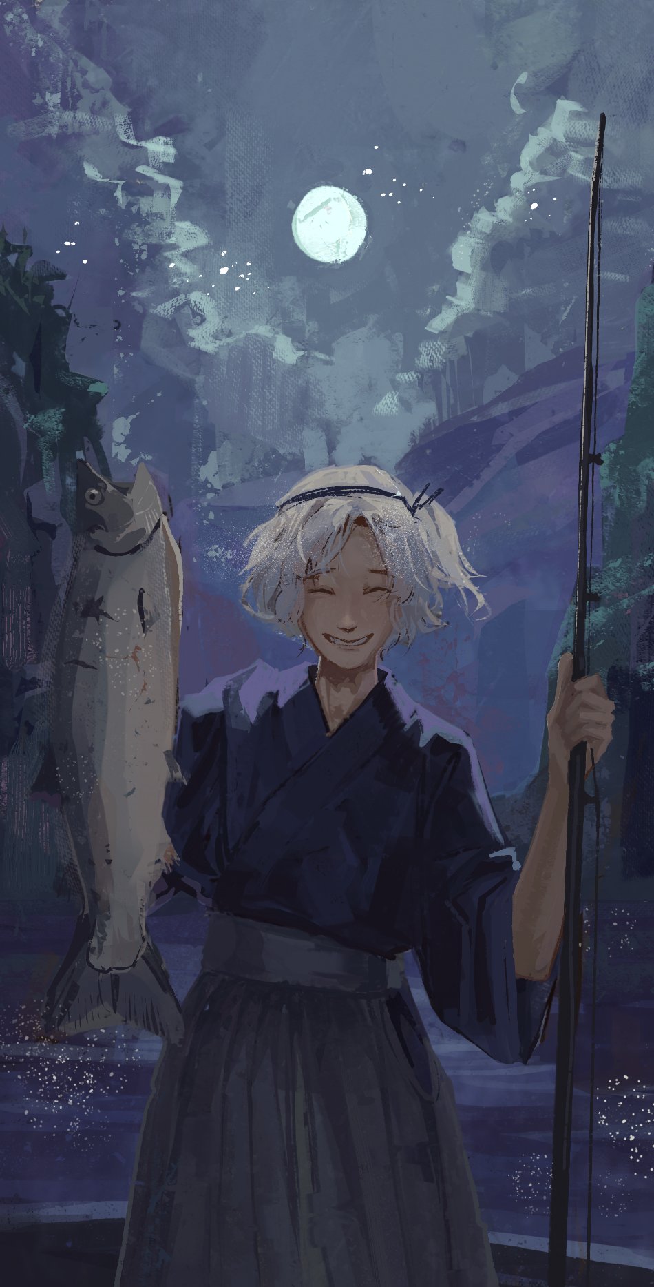 hatsburg, fujiwara no iyozane, len'en, highres, 1other, ^ ^, androgynous, animal, black headband, black ribbon, boat, closed eyes, cloud, cowboy shot, fish, fishing, fishing rod, full moon, grey hakama, grin, hachimaki, hair ribbon, hakama, hakama skirt, happy, headband, holding, holding animal, holding fish, holding fishing rod, japanese clothes, kimono, lake, lips, long sleeves, moon, night, night sky, no jacket, other focus, outdoors, ponytail, purple kimono, ribbon, short hair, short kimono, short ponytail, side ponytail, skirt, sky, smile, solo, standing, star (sky), starry sky, watercraft, white hair, wide sleeves