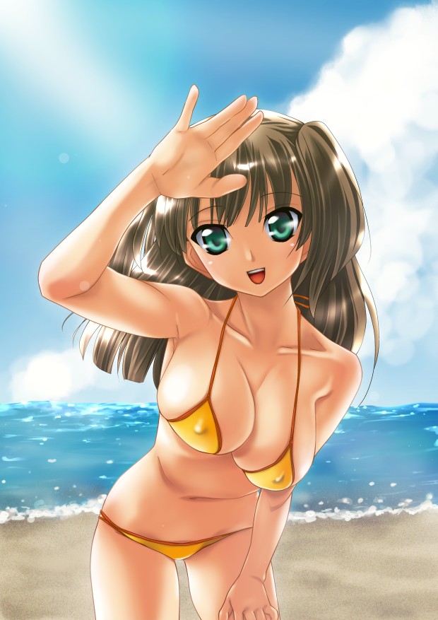 hikabe sakuho, original, hand on thigh, 1girl, armpits, bare shoulders, beach, bikini, breasts, brown hair, cleavage, cloud, collarbone, covered erect nipples, day, female focus, green eyes, hand on own thigh, huge breasts, large breasts, leaning forward, outdoors, shading eyes, sky, smile, solo, swimsuit, yellow bikini