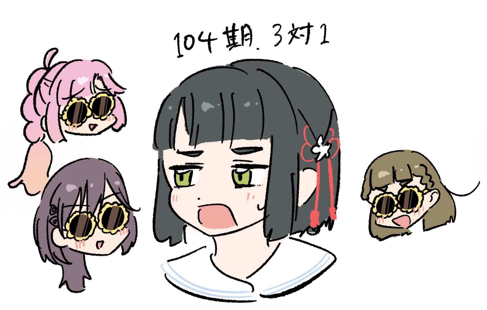llkapital, anyoji hime, kachimachi kosuzu, katsuragi izumi, momose ginko, link! like! love live!, love live!, 4girls, :d, ahoge, black hair, blonde hair, blunt bangs, blunt ends, blush, bob cut, braid, brown hair, center-flap bangs, chibi, flower-shaped eyewear, gradient hair, green eyes, hasu no shousankaku, hasu no sora school uniform, head only, multi-tied hair, multicolored hair, multiple girls, open mouth, pink hair, ponytail, raised inner eyebrows, sailor collar, school uniform, short hair, side ahoge, side braids, sidelocks, simple background, smile, summer uniform, sunglasses, sweatdrop, thick eyebrows, triangle mouth, virtual youtuber, white background, white sailor collar, wolf cut