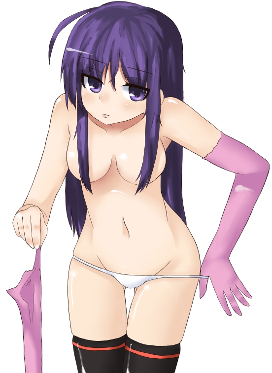kagami yuu, malariya, quiz magic academy, elbow gloves, gloves, long hair, lowleg, lowleg panties, panties, purple eyes, purple hair, solo, thighhighs, topless female, underwear, undressing