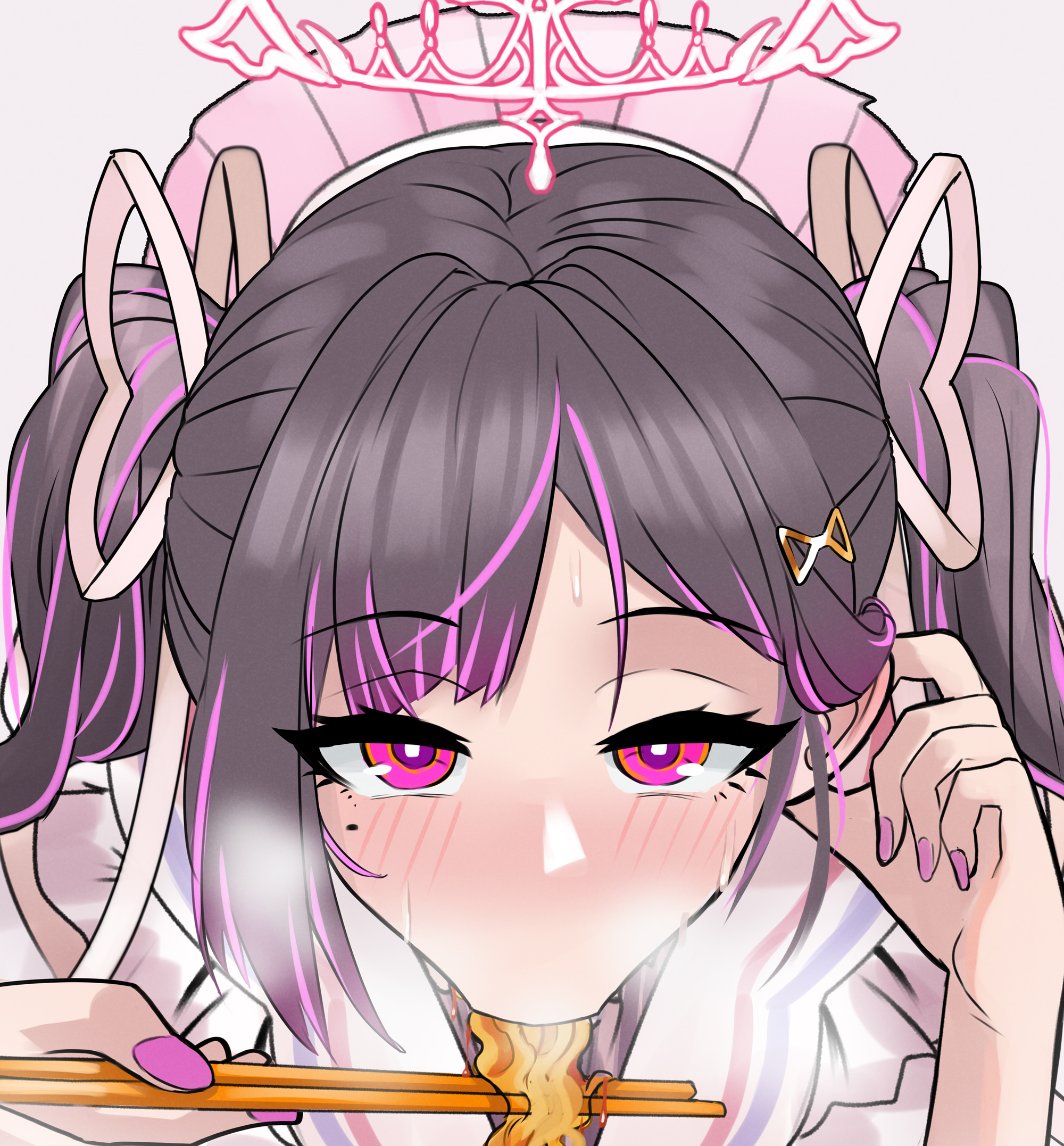 heiz illust, himemiya rie, phase connect, blush, brown hair, food, looking at viewer, mole, mole under eye, noodles, pink eyes, pink nails, twintails