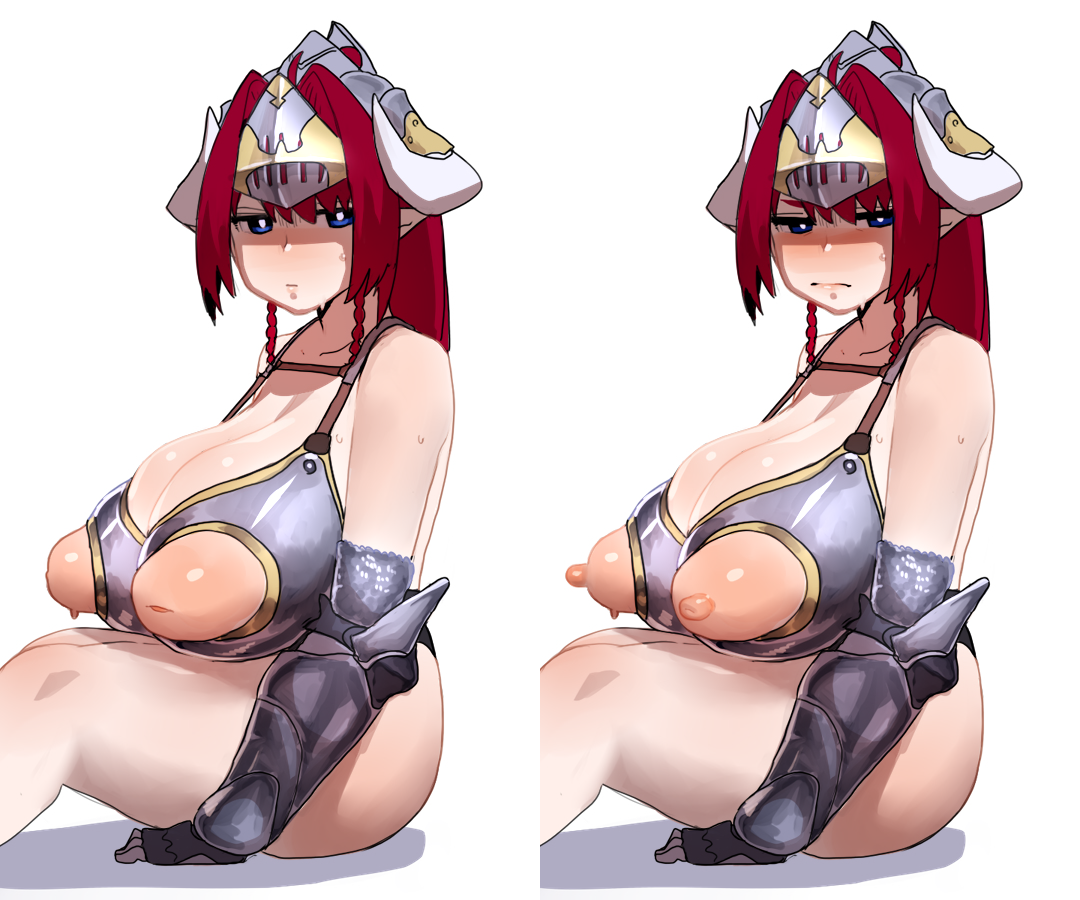 gen'en (sioherashi), kuu fearse, original, tagme, 1girl, armor, armored gloves, bare legs, bare shoulders, blue eyes, braid, breastplate, breasts, cleavage, closed mouth, embarrassed, half-closed eyes, helmet, high ponytail, horns, huge breasts, huge nipples, inverted nipples, large areolae, large breasts, long hair, looking to the side, ponytail, red hair, simple background, sitting, solo, sweat, thick thighs, thighs, white background, white horns
