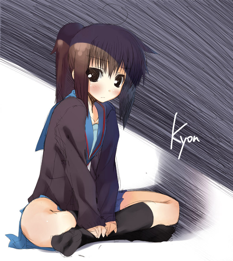 kagome (traumatize), kyonko, suzumiya haruhi no yuuutsu, gender request, 00s, 1girl, black socks, cardigan, female focus, genderswap, kneehighs, ponytail, school uniform, serafuku, sitting, sketch, socks, solo