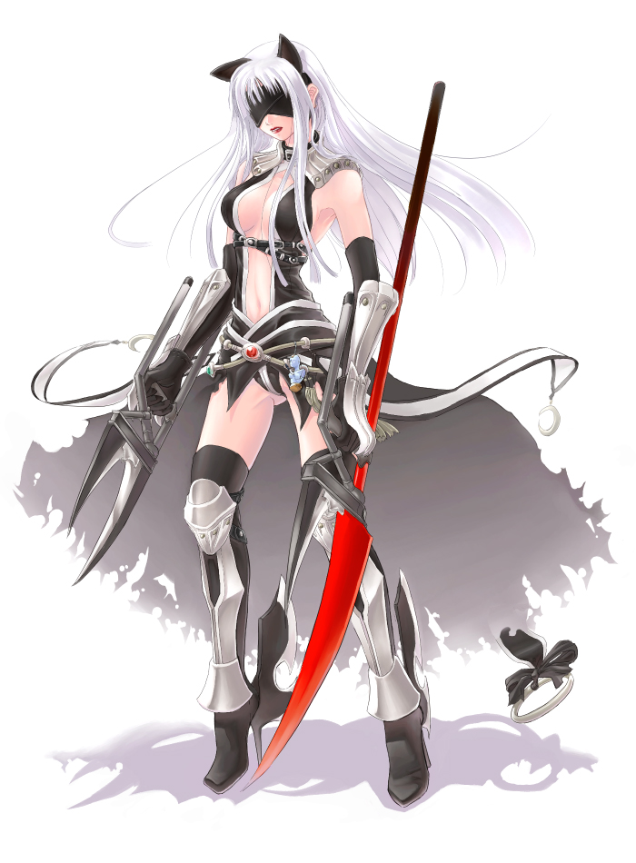 mr.romance, assassin cross (ragnarok online), kataasa-ko, katar assa child, ragnarok online, 1girl, albino, animal ears, blindfold, cat ears, dagger, elbow gloves, female focus, gloves, jamadhar, knife, lipstick, long hair, makeup, misuroma, navel, solo, thighhighs, weapon, white hair