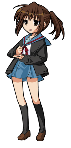 yusya, kyonko, suzumiya haruhi no yuuutsu, lowres, 00s, 1girl, brown eyes, brown hair, cardigan, chibi, female focus, genderswap, genderswap (mtf), ponytail, school uniform, serafuku, solo