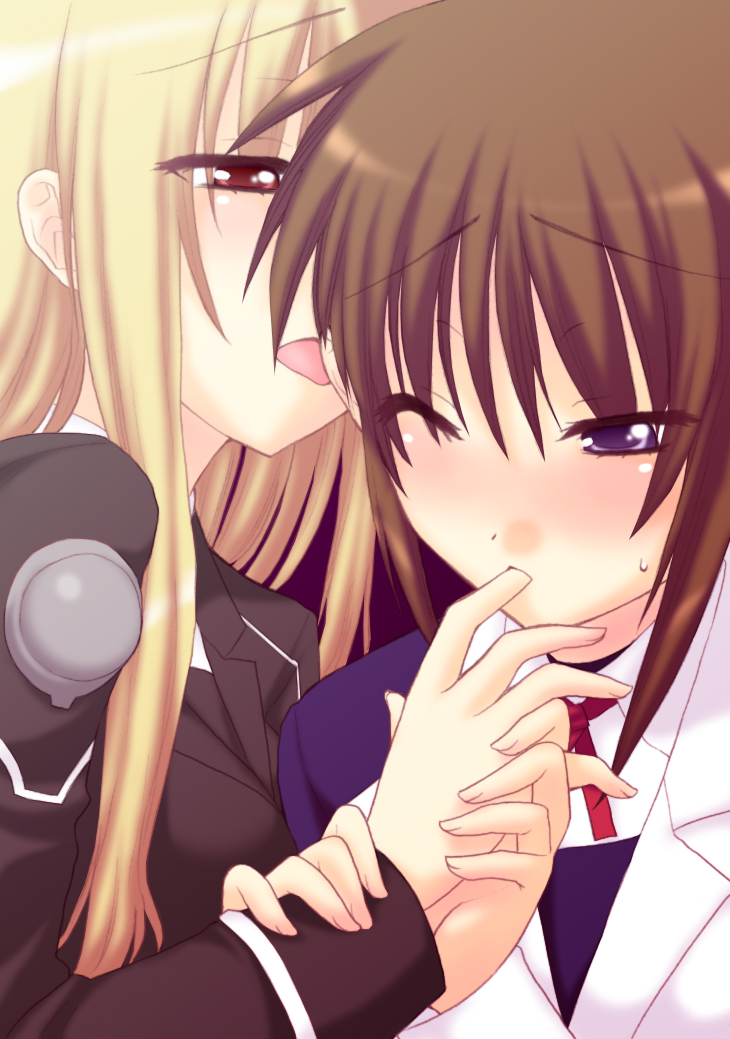 saki chisuzu, fate testarossa, takamachi nanoha, lyrical nanoha, mahou shoujo lyrical nanoha, mahou shoujo lyrical nanoha strikers, 00s, 2girls, blonde hair, licking, military, military uniform, multiple girls, side ponytail, yuri