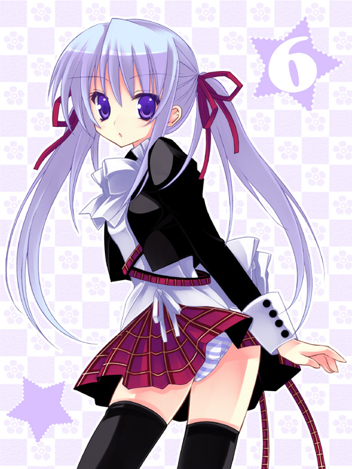 kannon ouji, amatsuka tsurara, baby princess, 10s, 1girl, black thighhighs, female focus, panties, pantyshot, purple eyes, solo, striped clothes, striped panties, thighhighs, twintails, underwear