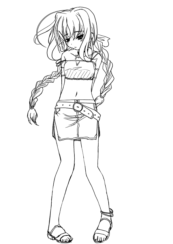 frapowa, vita (nanoha), vivio, lyrical nanoha, mahou shoujo lyrical nanoha, mahou shoujo lyrical nanoha a's, mahou shoujo lyrical nanoha strikers, 00s, 1girl, braid, casual, female focus, greyscale, midriff, monochrome, navel, solo, twin braids
