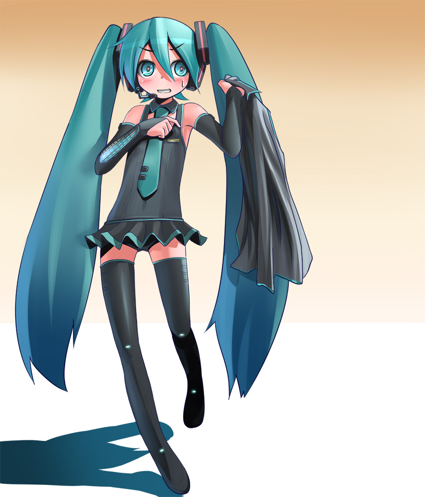 patorishia, patricia (stylish marunage), hatsune miku, vocaloid, 1girl, boots, female focus, green eyes, green hair, long hair, matching hair/eyes, necktie, solo, thigh boots, thighhighs, twintails, very long hair