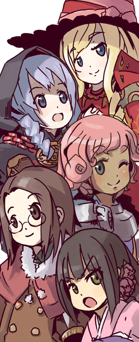 jitsu hidari, bushidou (sekaiju), bushidou 4 (sekaiju), curse maker, curse maker 2, doctor magus, doctor magus 4, gunner (sekaiju), gunner 4 (sekaiju), paladin (sekaiju), paladin 4 (sekaiju), atlus, etrian odyssey, looking away, annotated, 5girls, :o, angry, armor, black hair, blonde hair, blue eyes, blush, braid, brown eyes, brown hair, buttons, capelet, chain, cloak, curly hair, dark-skinned female, dark skin, everyone, fantasy, flower, fur trim, garrison cap, glasses, green eyes, hair flower, hair ornament, happy, hat, hood, japanese clothes, kimono, looking at viewer, mini hat, multiple girls, one eye closed, open mouth, pink hair, short hair, simple background, smile, swept bangs, twin braids, upper body, wink, witch hat