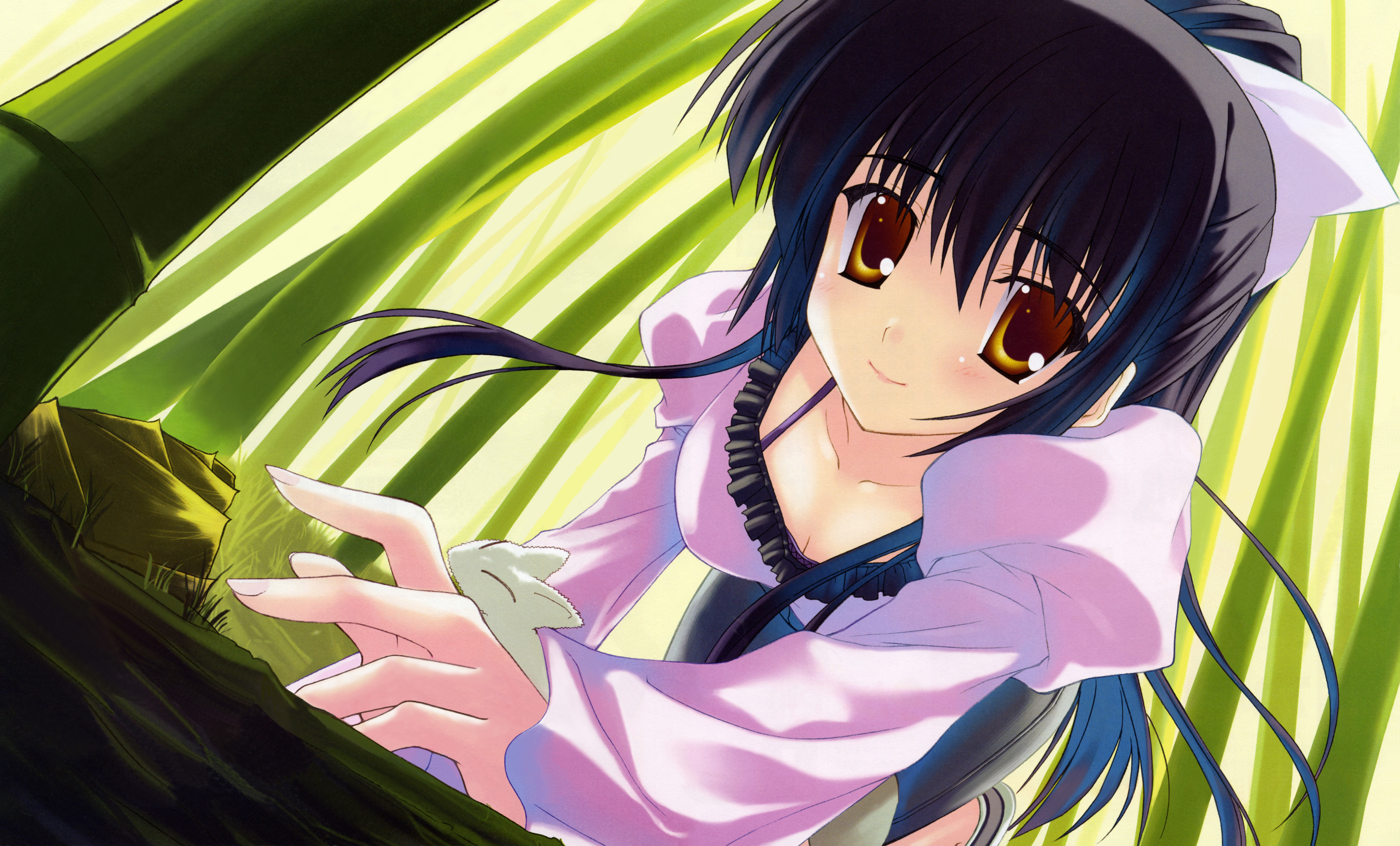 naru nanao, kaguyama hime, ohimesama navigation, absurdres, highres, 1girl, all fours, black hair, blush, bow, breasts, cleavage, collarbone, crawling, female focus, grass, hair bow, large breasts, long hair, long sleeves, looking at viewer, ponytail, puffy sleeves, shirt, smile, solo, white shirt, yellow eyes