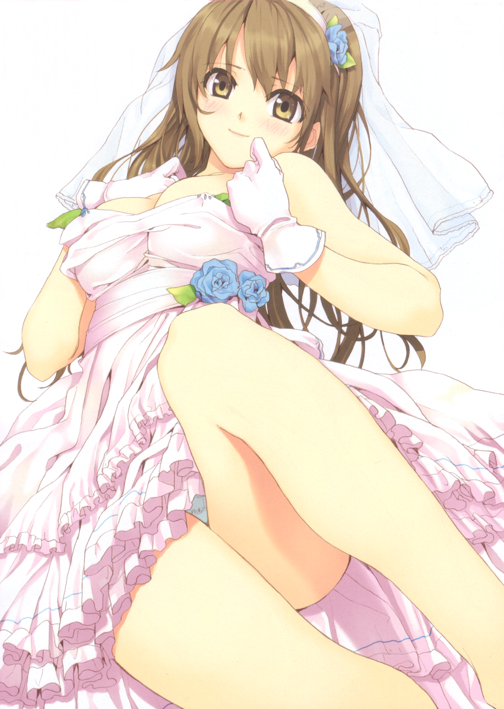 highres, breasts, brown eyes, brown hair, covered erect nipples, dress, large breasts, wedding dress
