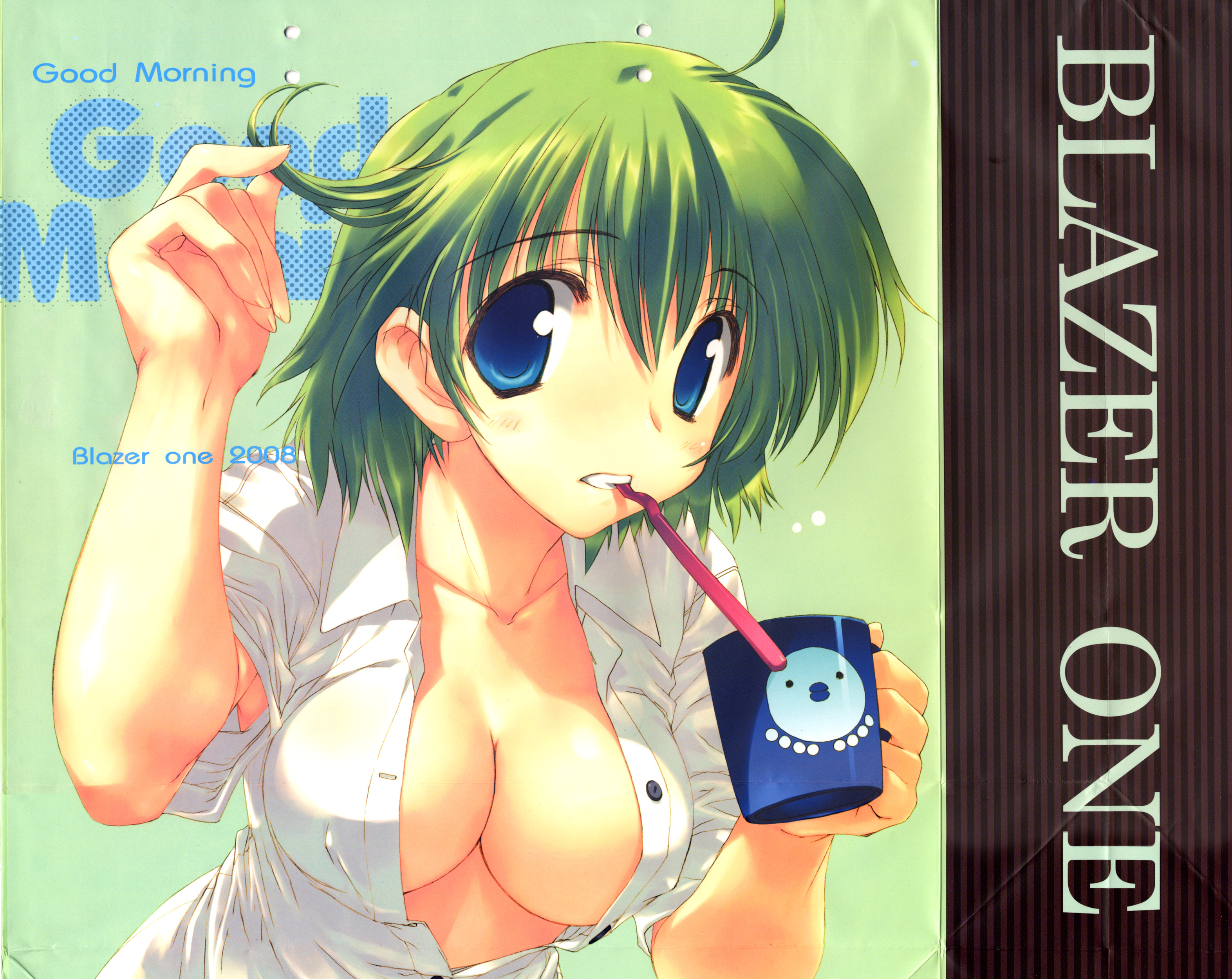 amazuyu tatsuki, mitsumi misato, absurdres, highres, breasts, cleavage, cup, green hair