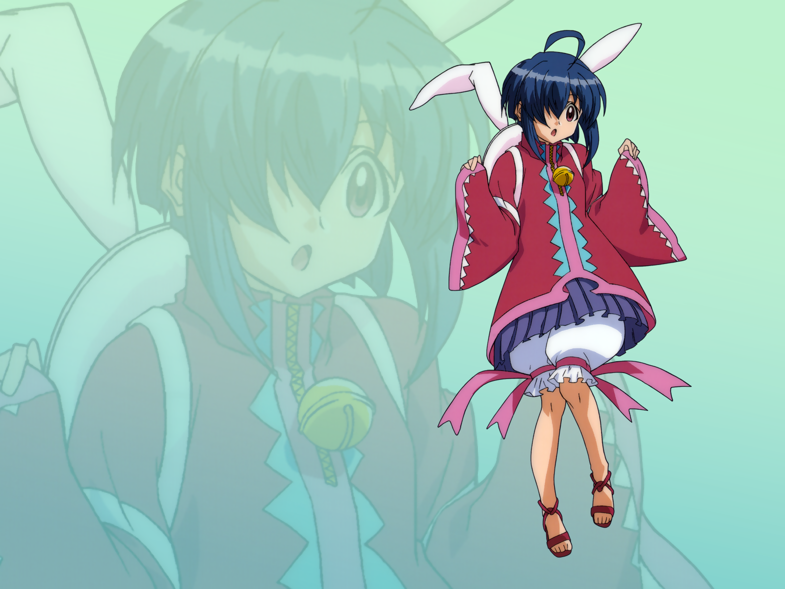miyazaki nodoka, mahou sensei negima!, artist request, highres, 00s, 1girl, ahoge, animal ears, backpack, bag, bell, blue hair, fake animal ears, feet, hair over one eye, knees, long sleeves, one eye covered, open mouth, rabbit ears, ribbon, sandals, short hair, skirt, surprised, toes, wide sleeves, zipper, zoom layer