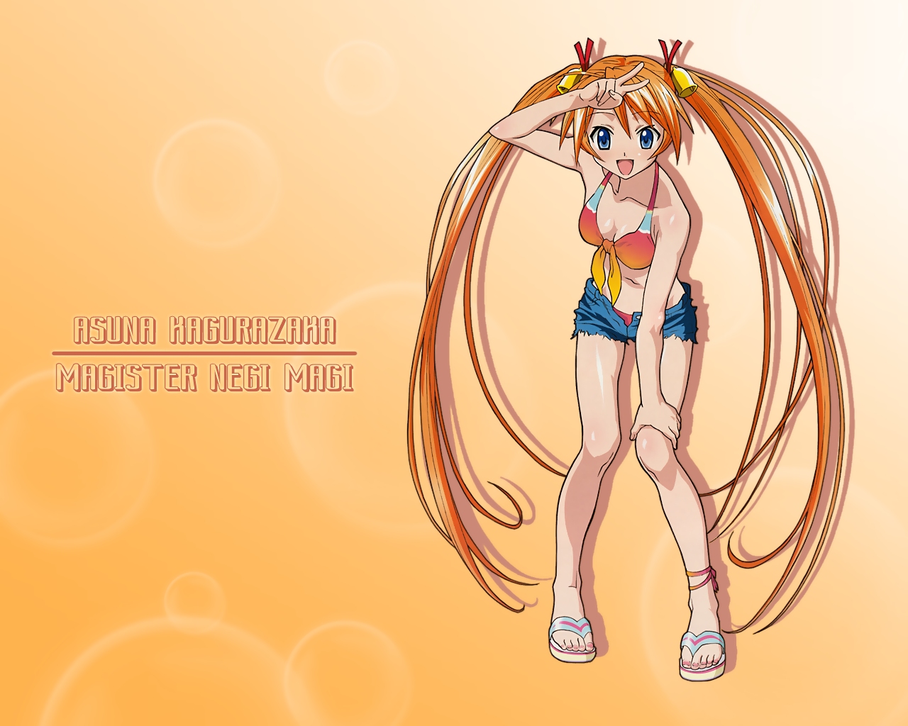 kagurazaka asuna, mahou sensei negima!, hand on leg, artist request, 00s, 1girl, bare arms, bare legs, bare shoulders, bell, bikini, bikini top only, blue eyes, blush, bubble, bubble background, character name, feet, female focus, flip-flops, front-tie bikini top, front-tie top, hair ornament, hair ribbon, hair up, happy, knees, leaning forward, long hair, looking at viewer, open fly, open mouth, orange background, orange hair, ponytail, red bikini, ribbon, sandals, shoes, short shorts, shorts, smile, solo, standing, swimsuit, text focus, toes, twintails, unbuttoned, v, very long hair, yellow bikini