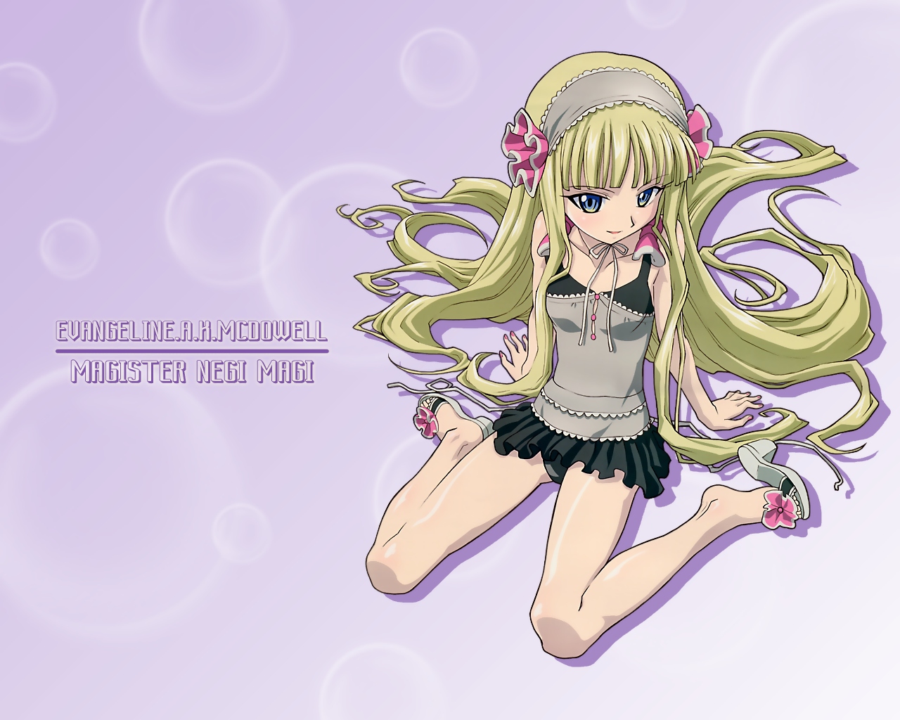 evangeline a.k. mcdowell, mahou sensei negima!, artist request, 00s, 1girl, arm support, bare arms, bare legs, bare shoulders, black panties, black tank top, blonde hair, blue eyes, breasts, breasts apart, bubble, bubble background, character name, feet, female focus, flower, frills, hair ornament, hairband, happy, headdress, high heels, knees, long hair, looking at viewer, looking up, panties, parted lips, purple background, shoes, sitting, skirt, smile, solo, string, tank top, text focus, toes, underwear, vampire, very long hair