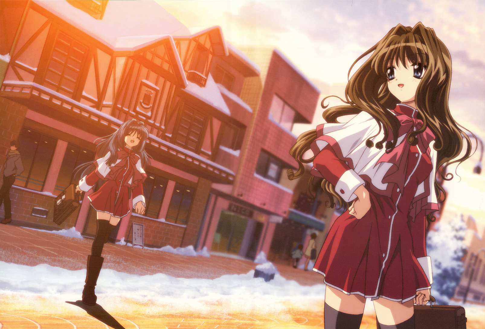 minase nayuki, misaka kaori, kanon, highres, 2girls, blue eyes, blue hair, boots, brown hair, closed eyes, long hair, multiple girls, school uniform, serafuku, smile, snow, thighhighs, zettai ryouiki