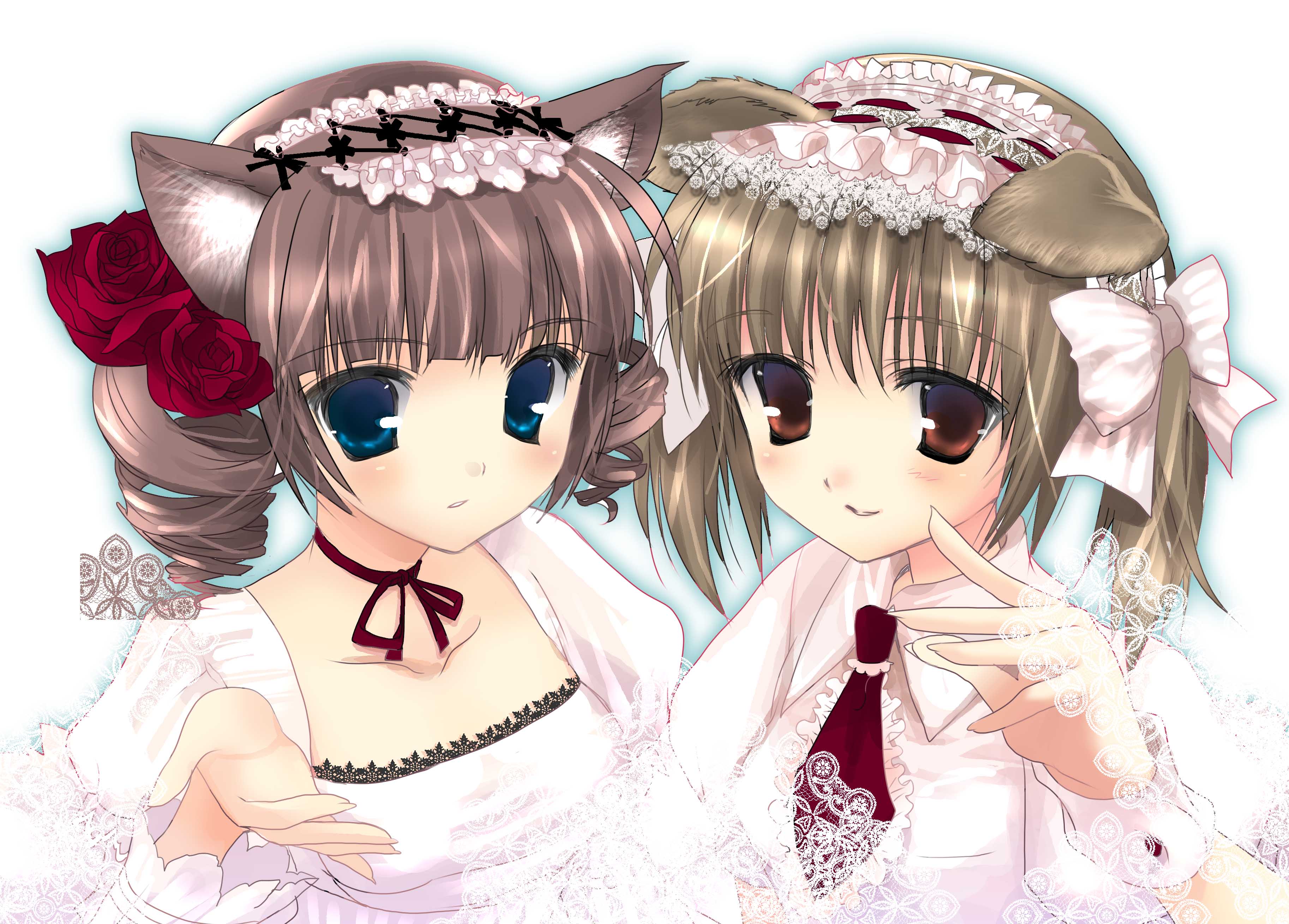 chimaro, fukuzawa yumi, matsudaira touko, maria-sama ga miteru, absurdres, highres, 00s, 2girls, animal ears, blue eyes, blush, bow, brown hair, drill hair, flower, frills, hairband, multiple girls