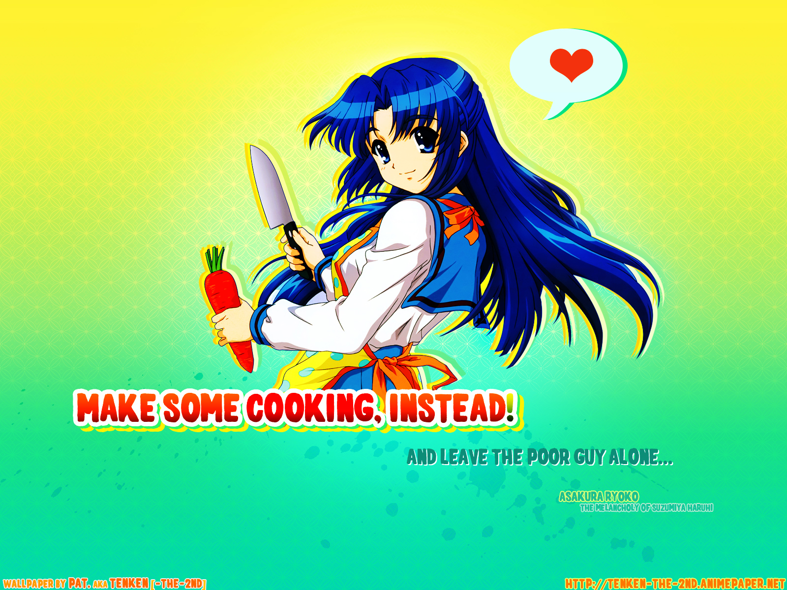 suzumiya haruhi no yuuutsu, highres, 00s, apron, blue hair, carrot, heart, knife, school uniform, serafuku