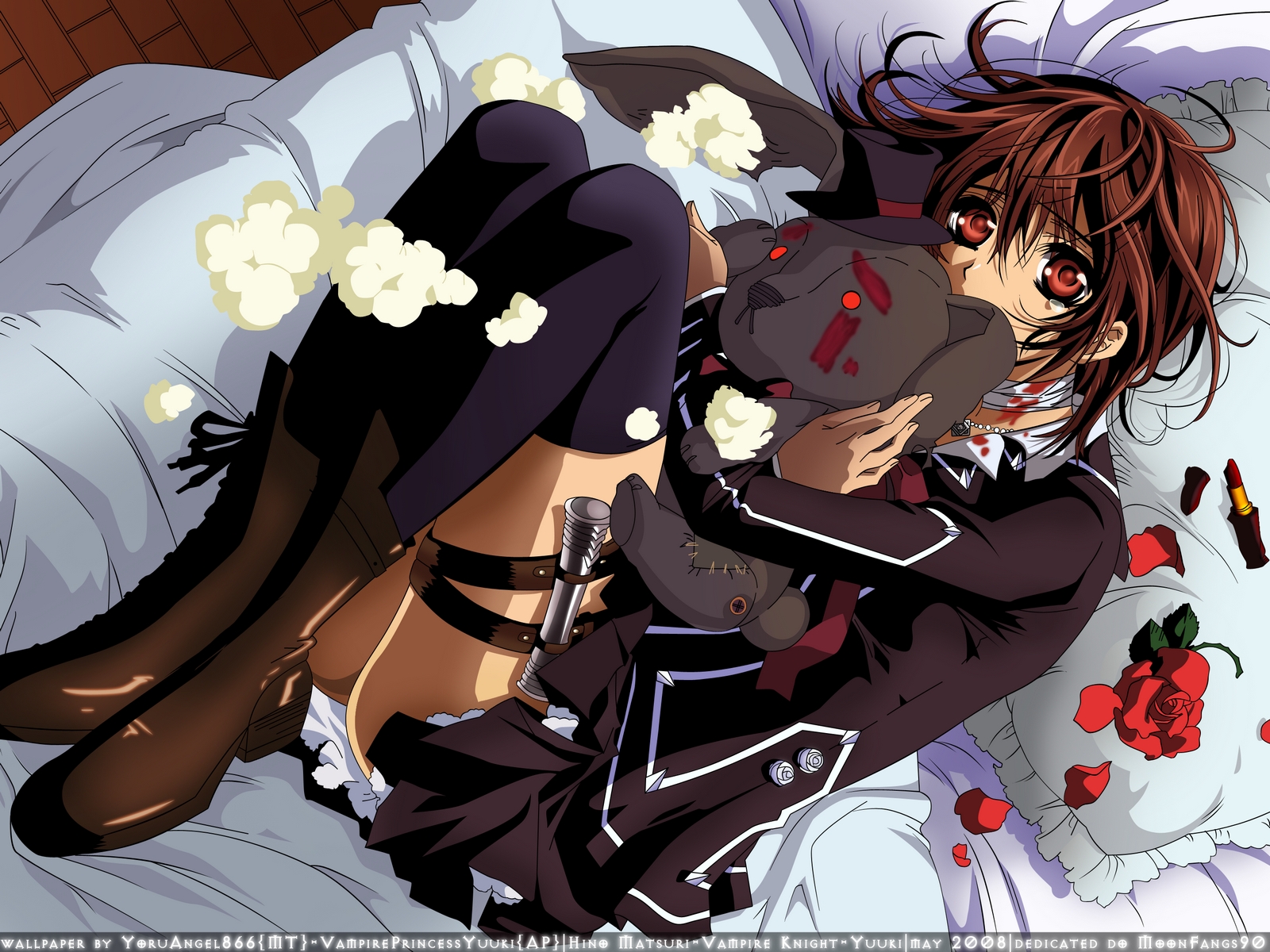 kurosu yuuki, vampire knight, highres, 00s, bandages, blood, brown hair, rabbit, red eyes, school uniform, serafuku