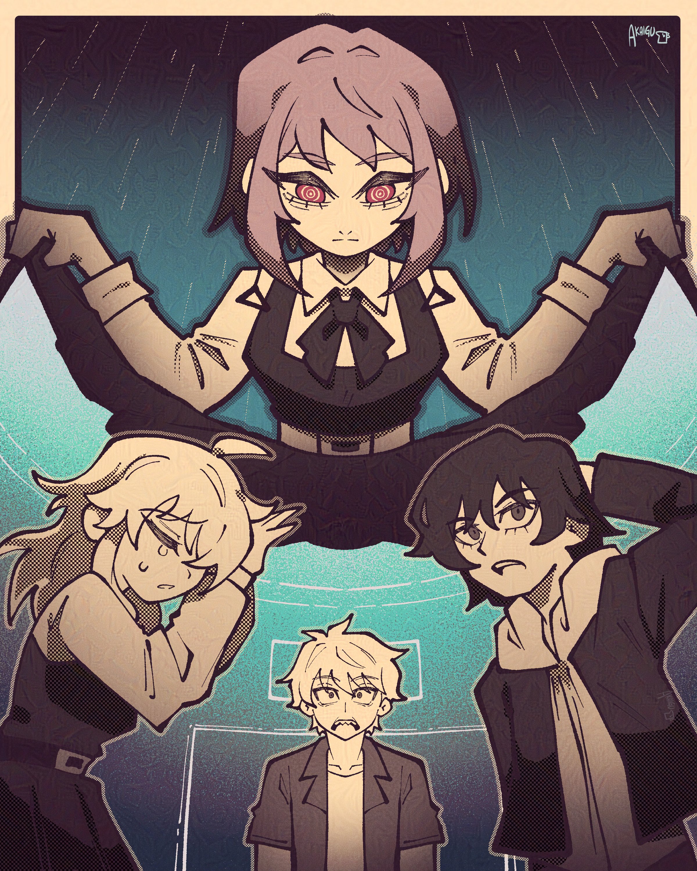 akaiguarts, denji (chainsaw man), fami (chainsaw man), famine devil (chainsaw man), sugo miri, chainsaw man, absurdres, highres, 2boys, 2girls, clothes lift, collared shirt, crying, dress, dress lift, earrings, jacket, jewelry, multiple boys, multiple girls, pinafore dress, purple eyes, purple hair, rain, ringed eyes, shirt, sleeveless, sleeveless dress, tears