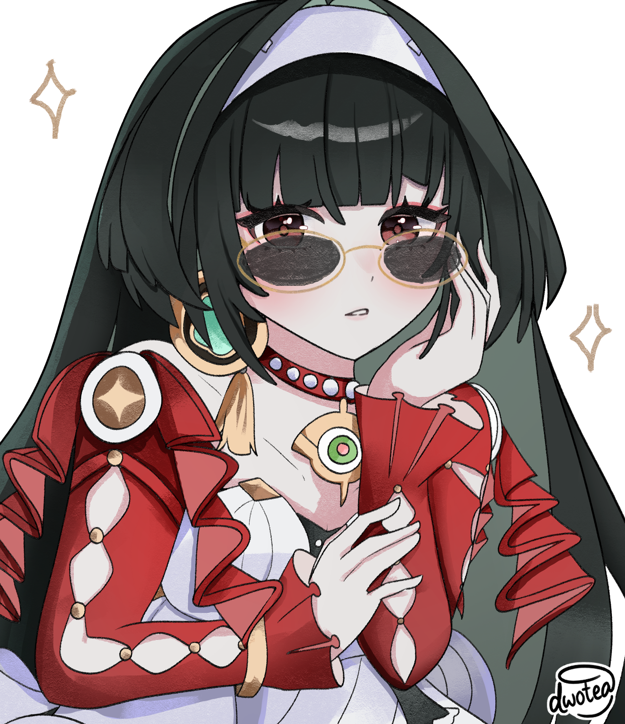 dwotea, astra yao, zenless zone zero, absurdres, highres, 1girl, black hair, blunt sidelocks, breasts, cleavage, dress, earrings, hairband, jacket, jackets, jewelry, large breasts, long hair, looking at viewer, necklace, pearl necklace, purple eyes, red eyes, red jacket, red shrug, sidelocks, solo, thigh beads, uneven bangs, white dress, white hairband