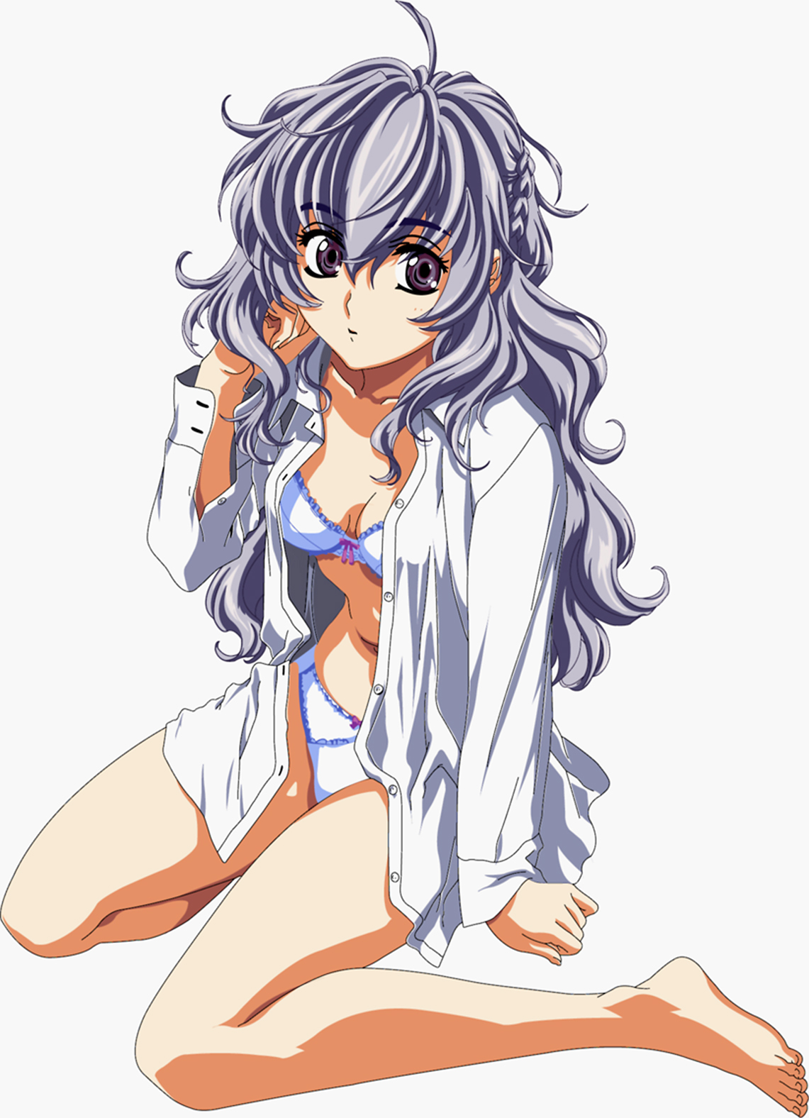 teletha testarossa, full metal panic!, silver hair, highres, barefoot, bow bra, bow panties, bra, breasts, cleavage, feet, lingerie, long hair, open clothes, open shirt, panties, sitting, thighs, toes, underwear