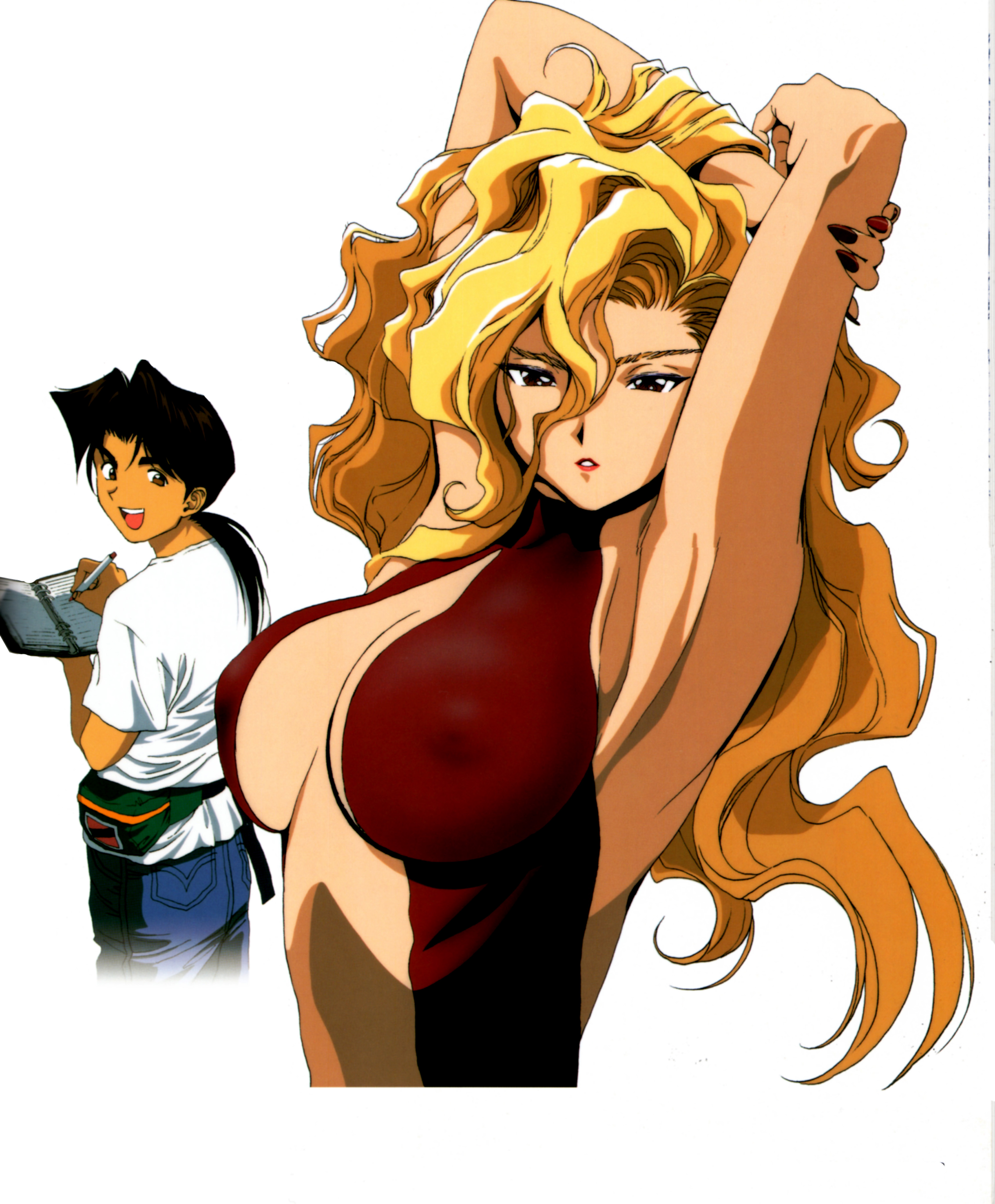 kawamoto toshihiro, onna shachou, ooe kintarou, golden boy, boss, absurdres, highres, official art, tagme, 1990s (style), 1boy, 1girl, armpits, arms behind head, arms up, bare arms, bare shoulders, black hair, blonde hair, breasts, center opening, facing viewer, fanny pack, hair between eyes, impossible clothes, large breasts, long hair, looking at viewer, looking back, nail polish, no bra, notebook, parted lips, pen, ponytail, red lips, retro artstyle, revealing clothes, simple background, skin tight, smile, standing, upper body, white background, writing