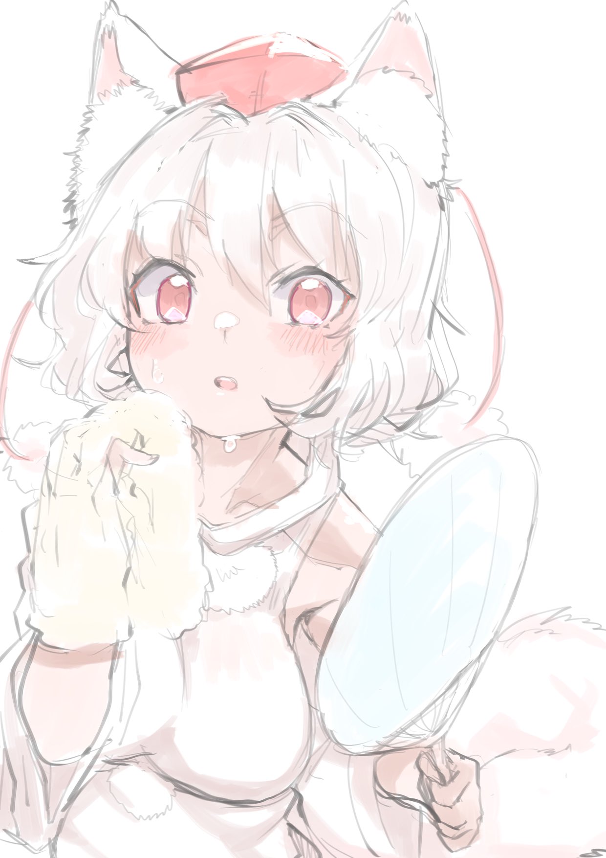 yoyoiro (sysi20), inubashiri momiji, touhou, commentary request, highres, 1girl, :o, after exercise, animal ear fluff, animal ears, blush, detached sleeves, hand fan, hat, holding, holding fan, long sleeves, looking at viewer, open mouth, paper fan, pom pom (clothes), red eyes, red hat, shirt, simple background, solo, sweat, sweatdrop, swept bangs, teeth, tokin hat, towel, towel on one shoulder, uchiwa, upper body, upper teeth only, white background, white hair, white shirt, wide sleeves, wolf ears, wolf girl