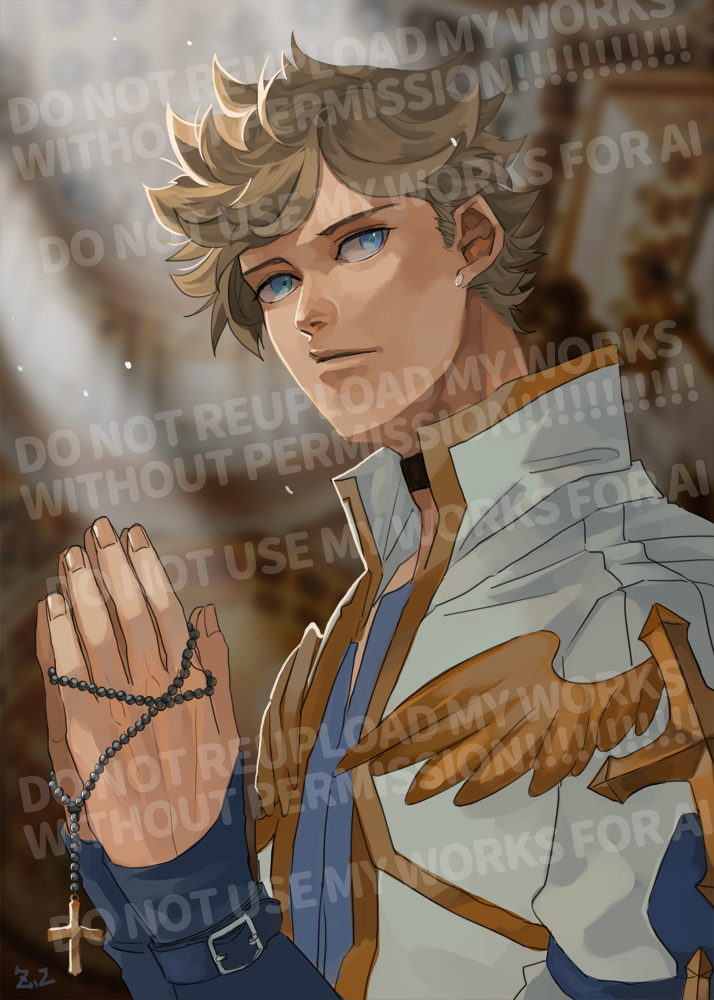 z.i, cardinal (ragnarok online), ragnarok online, commentary, 1boy, artist name, blue eyes, blue shirt, blurry, blurry background, brown hair, closed mouth, cross, dated commentary, expressionless, fake wings, golden wings, holding rosary, jacket, long sleeves, looking at viewer, looking to the side, male focus, own hands together, rosary, shirt, short hair, solo, upper body, watermark, white jacket, wings
