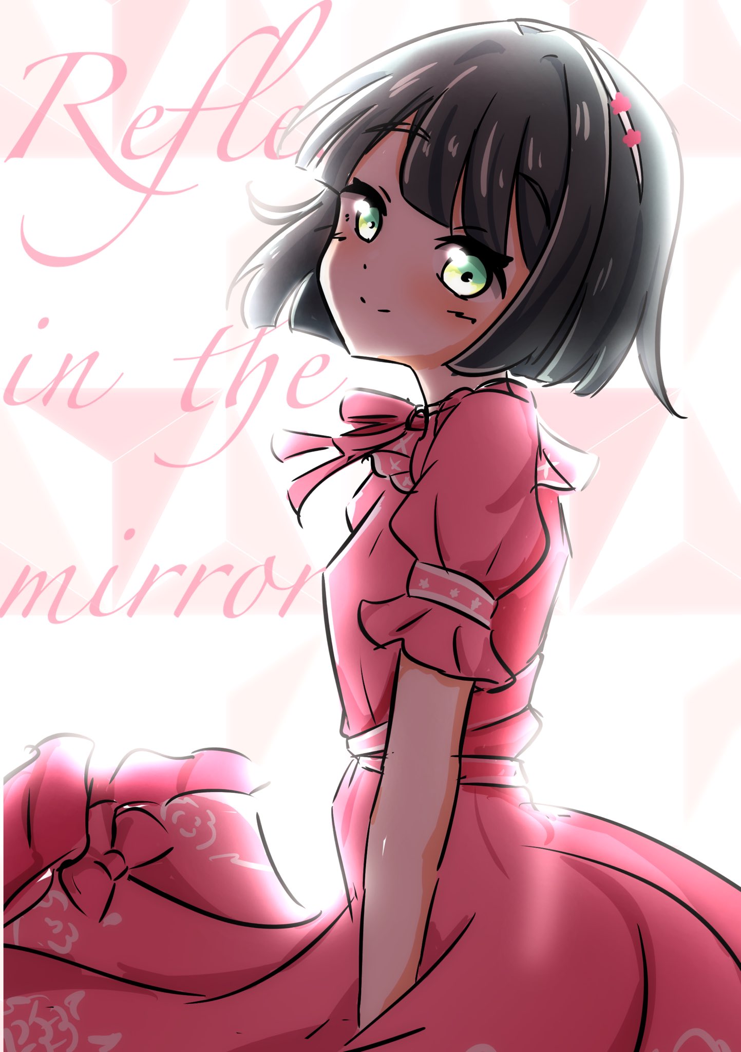 daime (hyahhaa10), momose ginko, link! like! love live!, love live!, commentary request, highres, 1girl, black hair, blunt bangs, blunt ends, blush, bob cut, closed mouth, dress, frilled dress, frills, green eyes, long dress, looking at viewer, official alternate costume, pink dress, puffy short sleeves, puffy sleeves, reflection in the mirror (love live!), short hair, short sleeves, smile, solo, split mouth, virtual youtuber, white background