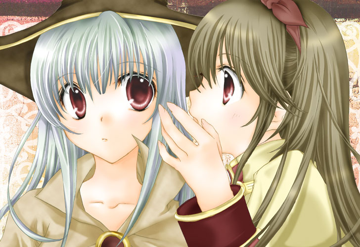 natsuki haruna, acolyte (ragnarok online), mage (ragnarok online), ragnarok online, commentary request, 2000s (style), 2girls, blush, bow, brown bow, brown capelet, brown hair, brown hat, brown shirt, capelet, closed mouth, grey hair, hair bow, hat, long hair, long sleeves, looking at another, multiple girls, red eyes, shirt, upper body, whispering in ear, witch hat
