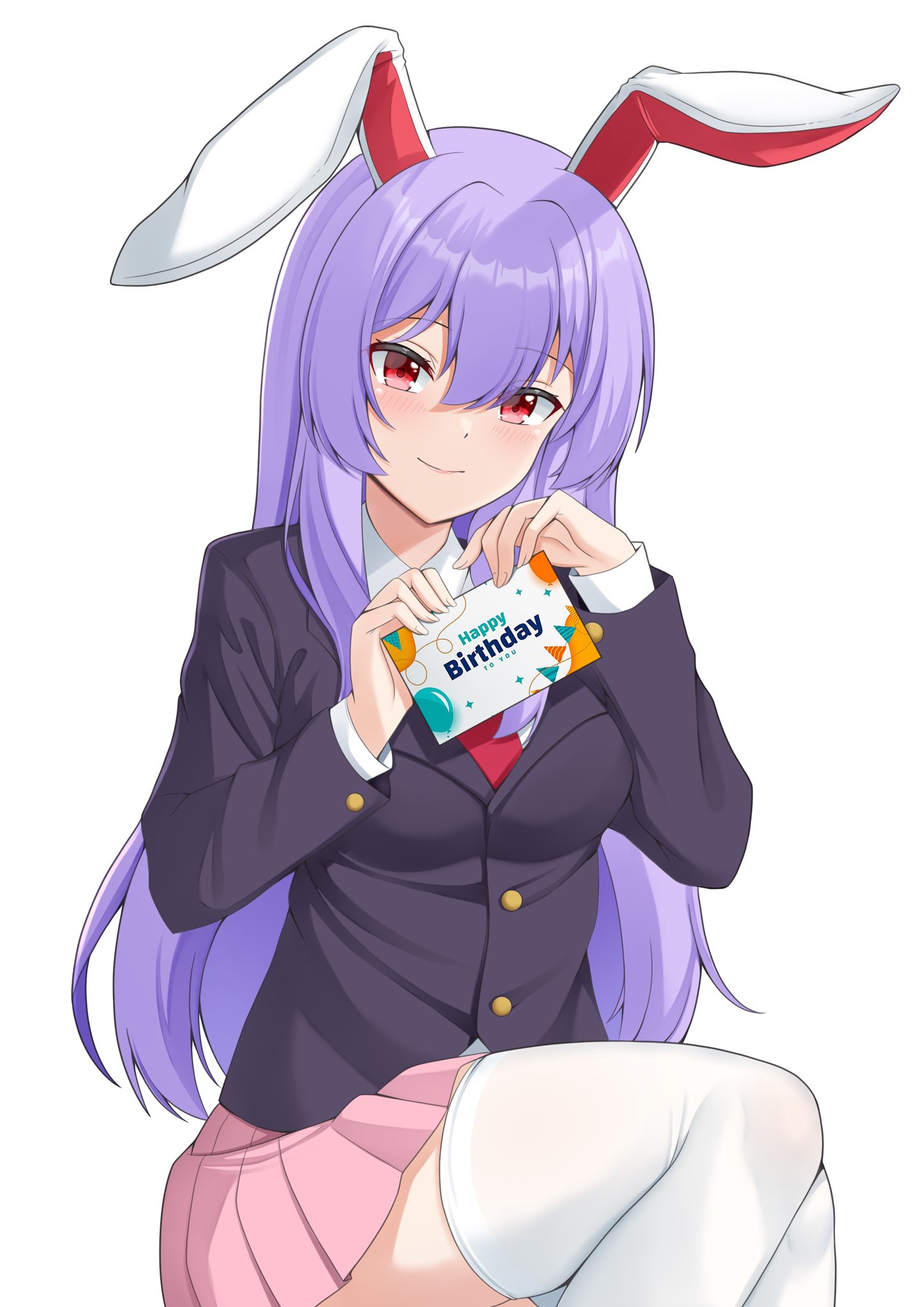 akasaka sato, reisen udongein inaba, touhou, commentary request, highres, 1girl, animal ears, balloon, birthday card, black jacket, breasts, buttons, card, feet out of frame, happy birthday, hat, holding, holding card, jacket, light blush, lips, long hair, long sleeves, looking at viewer, medium breasts, miniskirt, necktie, party hat, pink skirt, pleated skirt, purple hair, rabbit ears, rabbit girl, red eyes, red necktie, shirt, simple background, sitting, skirt, smile, solo, thighhighs, white background, white shirt, white thighhighs
