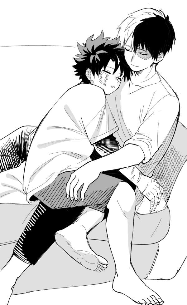 midoriya izuku, todoroki shoto, boku no hero academia, bare lehs, barefoot, curly hair, feet, freckles, hug, legs, lying, matohiro311, multicolored hair, scar, shirt, shorts, sittinf, sleeping, soles, tododeku, toes, two-tone hair, yaoi